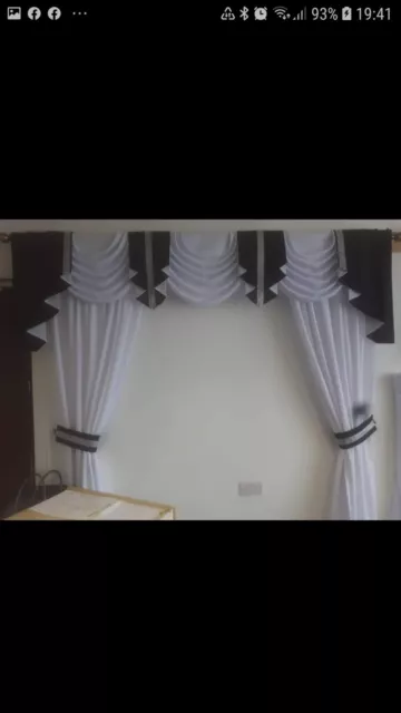 SWAGS AND TAILS+ CURTAINS WHITE+BLK TAIL+TIES+T/B WITH DIAMANTES 90x60x72