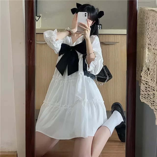Donna Lolita Abito Babydoll Fiocco Puff Maniche Swing a Strati Mini Balze Carino