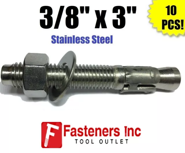(QTY 10) 3/8" x 3" Concrete Wedge Anchor Stainless Steel Grade 304