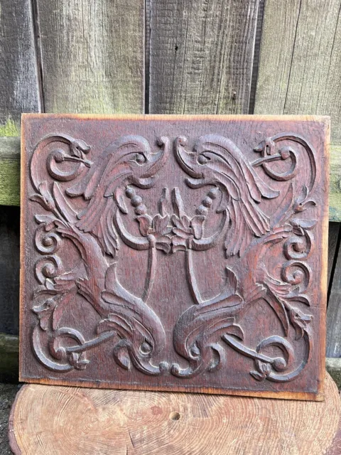 Antique CARVED MYTHICAL CREATURES PANEL plaque architectural furniture folk art