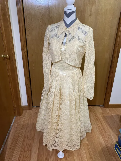 Vintage 1950-60s Wedding Tea Dress Beige All Lace Strapless Dress & Bolero,