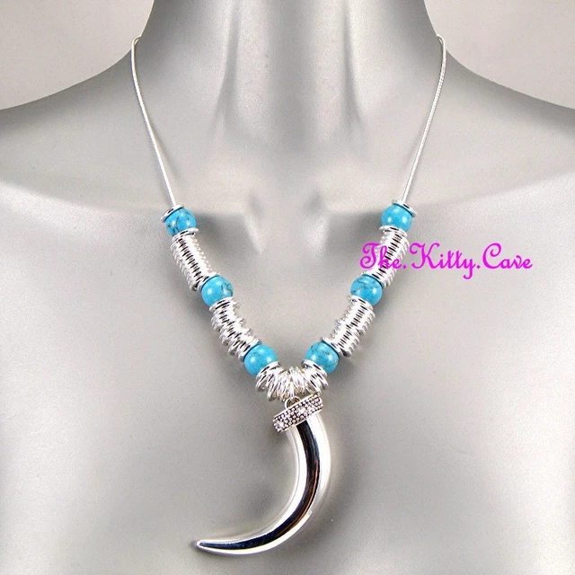 Collier Pendentif Tribal Argenté 'Greek Key' Avec Défenses/cristal - Debenhams - Neuf étiqueté