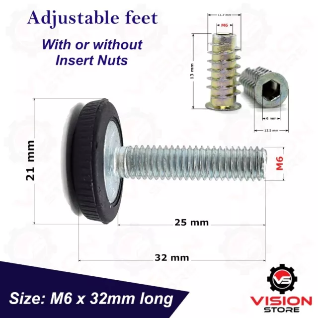 Adjustable Furniture Feet M6x32mm Screws Leveling Foot With Without Insert Nuts