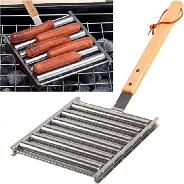 Stainless Steel Hot Dog Roller Wooden Handle BBQ Tool for Barbecue