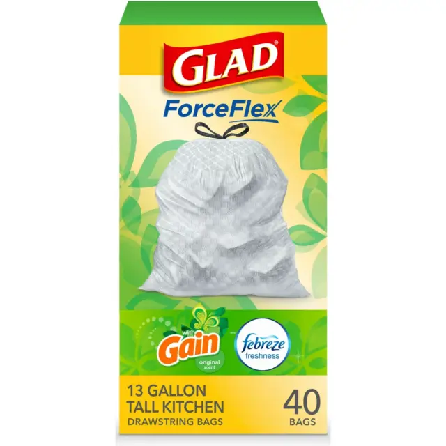 Glad ForceFlex Tall Kitchen Trash Bags, 13 Gallon, 40 Bag (Gain Original Scent)