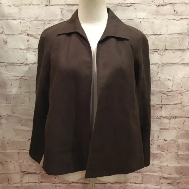 TALBOTS Petite Medium Irish Linen Blazer Jacket Open Front 3/4 Sleeve Dark Brown