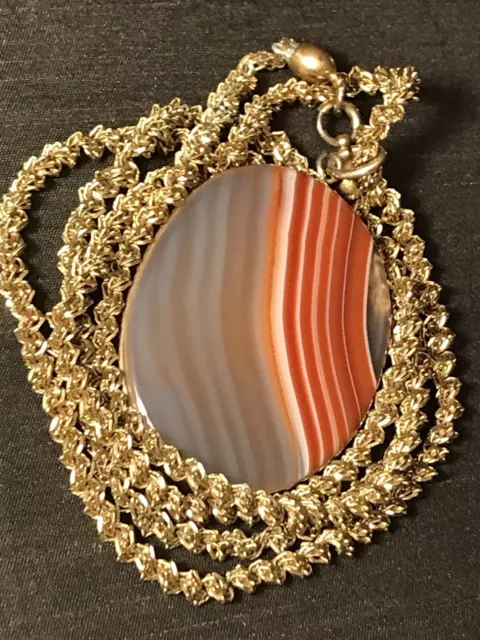 36” Victorian Gold Filled Chain Large Scottish Agate Pendant, Stunning Estate!