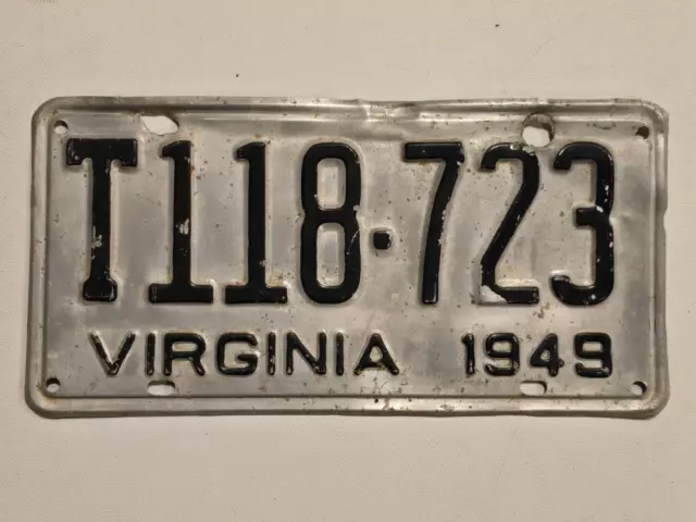 VIRGINIA - 1949 License Plate #T118-723 - Silver & Black - Vintage - Man Cave