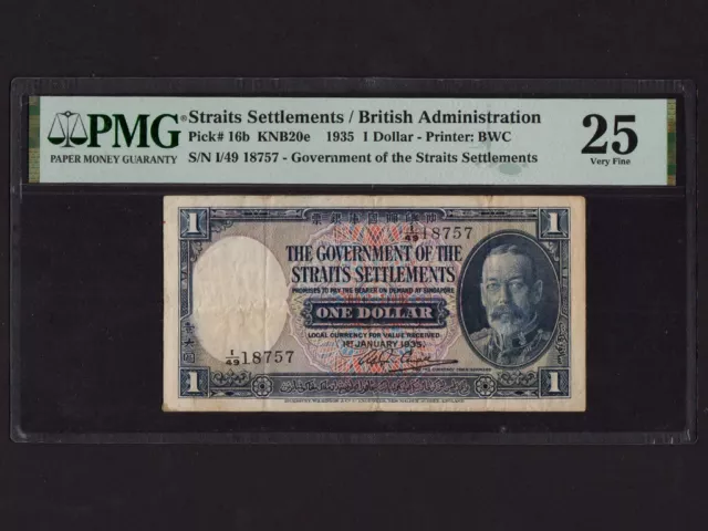 Straits Settlements:P-16b,1 Dollar, 1935 * Singapore * KGV * PMG VF 25 * Straits Settlements:P-16b,1 Dollar, 1935 * Singapore * KGV * PMG VF 25 *