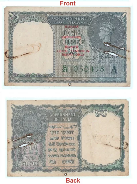 Legal Tender En Birmania Solo 1 Rs Británico India George VI Rey Banknote. G5-54