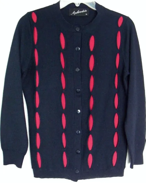 APHRODITE Wool blend CARDIGAN Navy Blue Jacket & exposed Red Knit ~ Women sz XS