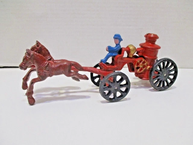 VINTAGE CAST IRON 2 Horse Drawn Fire Pumper Steam Wagon Old Fire Truck