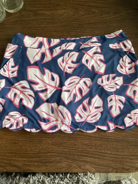 Lillie Green 1X Golf Skort Blue Pink Tropical Palm Print Skirt Scalloped Hem