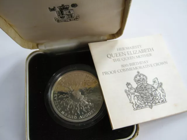 1980 Queen Mother 80th Birthday Silver Proof Crown cased COA
