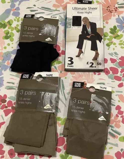 Brandneu mit Etikett 4 Sets mit 3 Paar kniehohen taupe und schwarz uvp £10