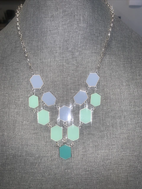 Sweet Silver Tone Blue & Green Pendant Necklace Signed Charming Charlie 21"