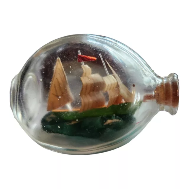 Vintage Ship In A Bottle Miniature 2"× 1" Glass Dollhouse