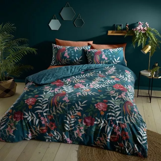 Catherine Lansfield Green Teal Tropical Floral Birds Exotic Duvet Cover Set