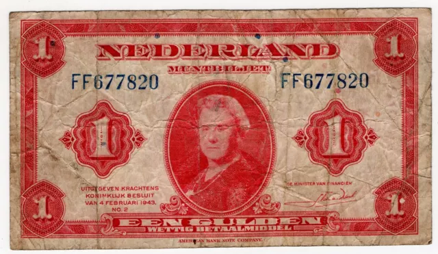 1943 Netherlands One 1 Gulden   World Banknote Nice Bill P64