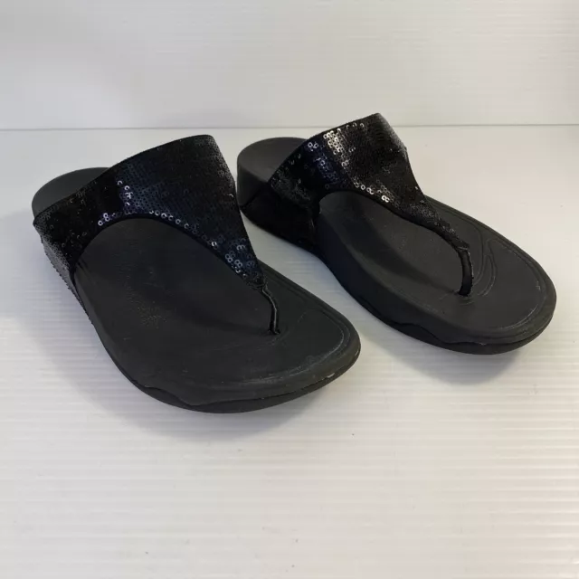 FitFlop Black Wedge Sandals Womens Size 8 Flip Flop Embellished Bling Sequins