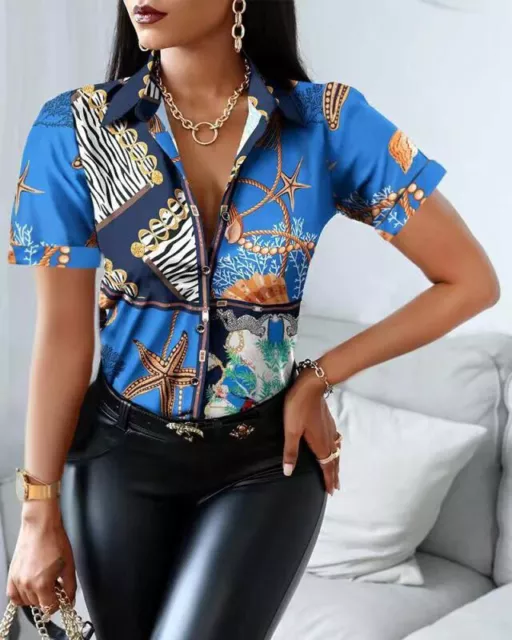 New Women Elegant Baroque Print Fashion Blouse Short Sleeve Turn-down Collar