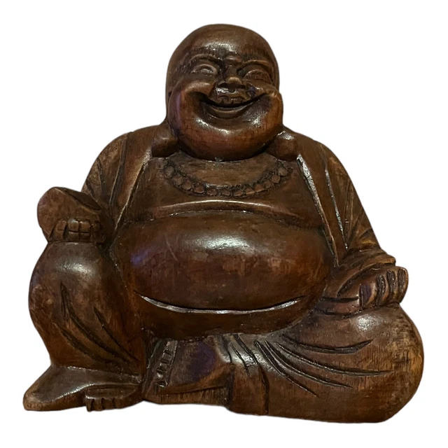WOODEN HAPPY BUDDHA FIGURE Ornament 10 cm CHINESE LAUGHING Sitting HAND CARVED