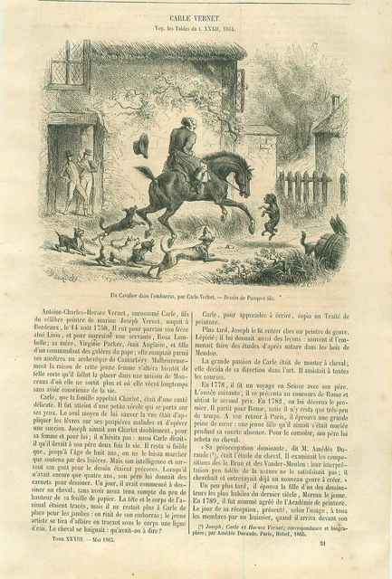 Cavalier Meute Chiens Cheval Carle Vernet peintre France GRAVURE OLD PRINT 1865