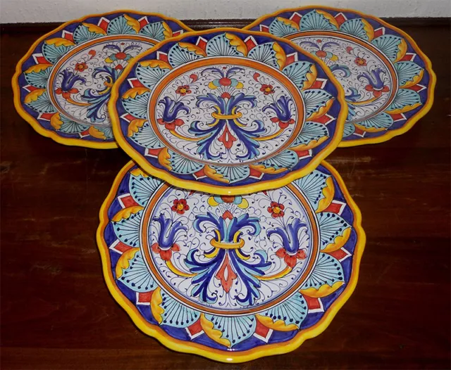 Deruta Italian Pottery Dinner Plates Set, 4 Pcs Ricco Geometrico
