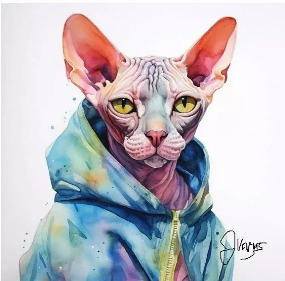 Watercolor Sphynx Cat Painting Art Print 8x11 inch