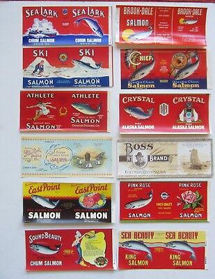 Lot of 12 Old Vintage 1910's - 1960's - SALMON - CAN LABELS - All Different