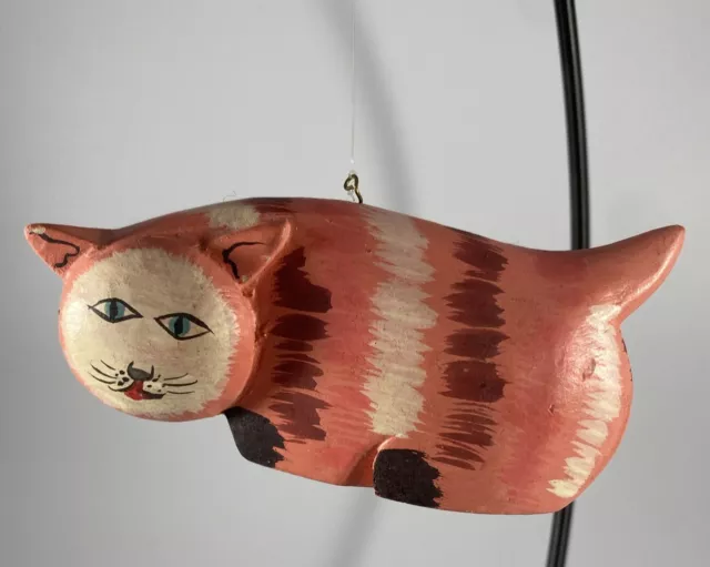 Vintage Hand-Carved Wooden Kitty Cat Hanging Christmas Ornament