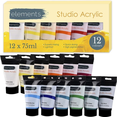 Pinturas acrílicas Elements Studio - Juego de tubos de 12/75 ml - Calidad estudiantil...