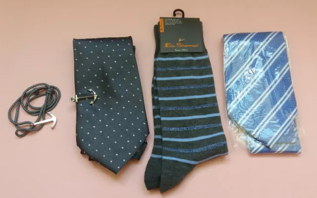 5 Men's Accessories Gray Blue 2 Ties + Ben Sherman Sock + Anchor Bracelet + Clip