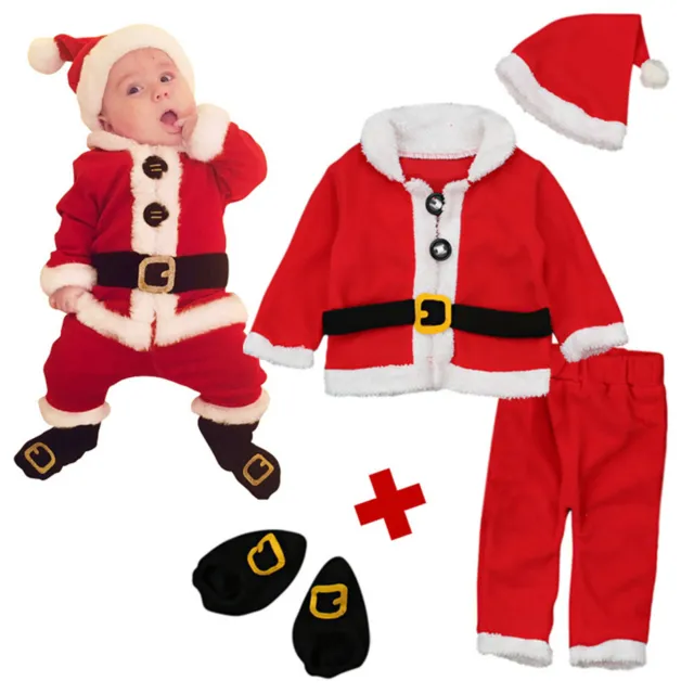Christmas Kids Baby Boys Girls Santa Claus Cosplay 4Pcs Outfit Set Fancy Dress