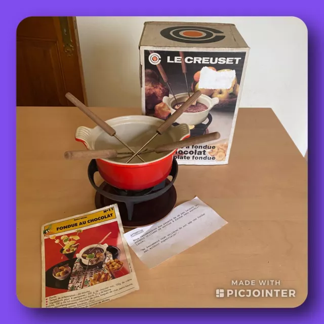 service fondue chocolat le creuset fonte emaillee cerise vintage