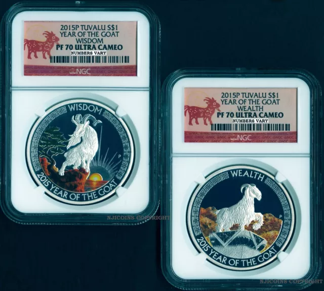 2015 1 Oz Silver Good Fortune Lunar Year Goat Wealth Wisdom 2 Coin Set NGC PF70