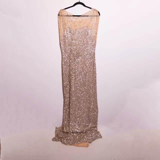 Jenny Packham Allover Gold Sequin Beaded Embellished Mesh Cocktail Party Dress