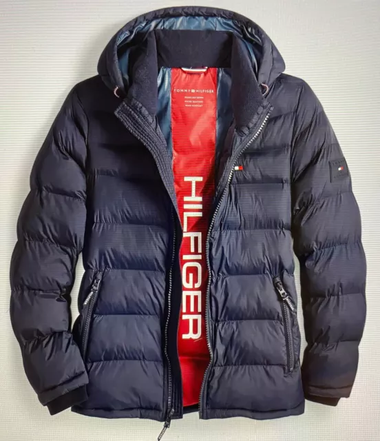 Tommy Hilfiger Mens Puffer Jacket Xl Blue W/Hoodie Water/Wind Resistant Zippered