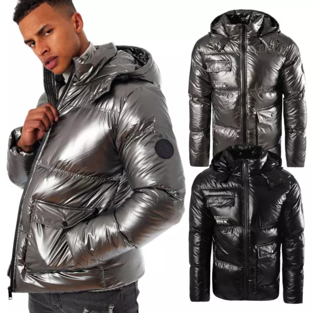 Mens Puffer Jacket Hooded High Shine Warm Winter Zip Long Sleeve Coat Size S-2XL