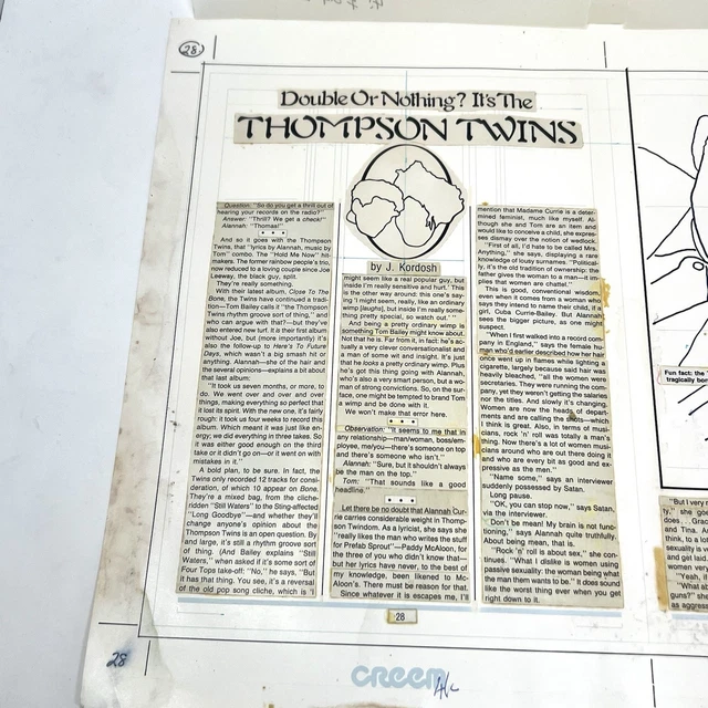 THOMPSON TWINS CREEM Magazine March 1984 Original Paste-Up Layout Board ...