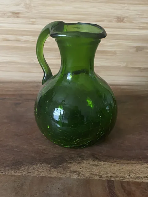 Vintage Emerald Green Glass Mini Pitcher - Crackle 1940s Glassware Depression