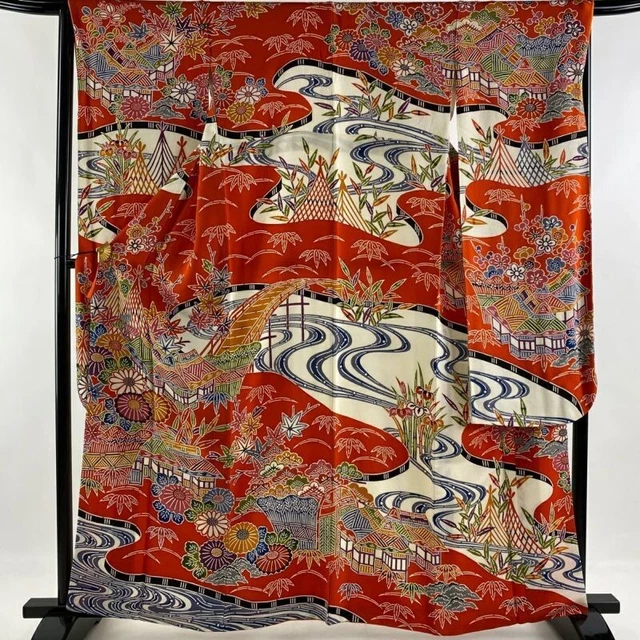 Japanese Kimono Furisode Pure Silk House Shouchikubai Crepe Orange Color