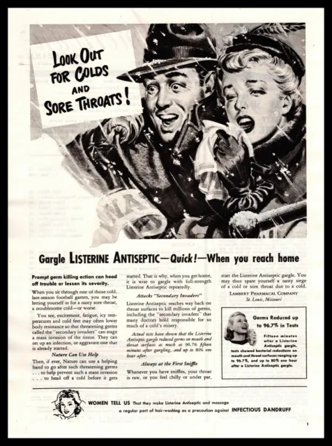 1949 Listerine "Gargle It Quick When You Reach Home For Colds" Vintage Print Ad