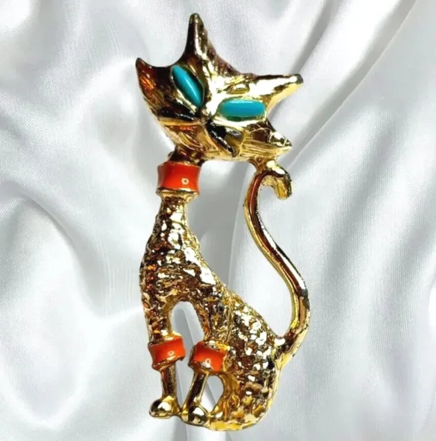 Vintage Cat Brooch Pin Gold Tone Siamese With Stone Set Eyes Enamel Collar Gerry