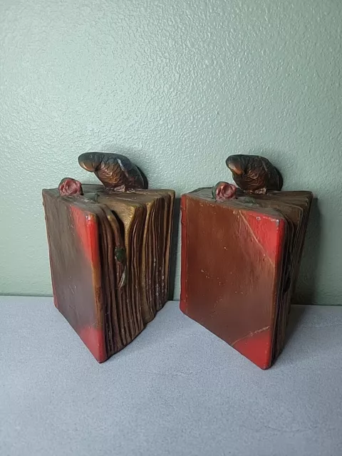 Vintage Pair of Kronheim & Oldenbusch Bookends Parrot and Rose Bookmark 1920s