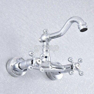 Wall Mount Polished Chrome Swivel Bathroom Sink Faucet Double Handle Mixer Tap