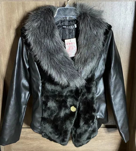 Faux Leather Faux Fur Quilted Jacket NWT Petite? XL READ Boy and Girl Japanese