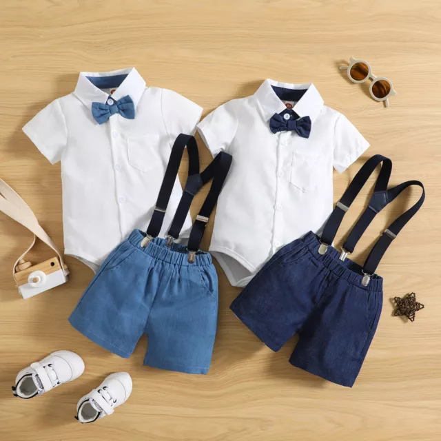 2Pcs Baby Boys Gentleman Outfits Short Sleeve Romper Shirt +Suspenders Shorts
