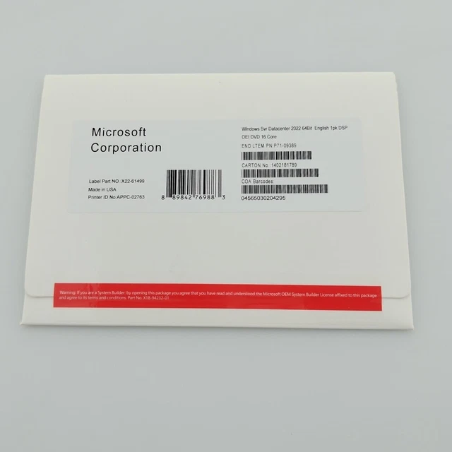 MICROSOFT WINDOWS SERVER 2022 datacenter 64Bit 16 Core License Key DVD ...