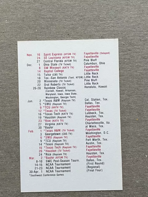 CBK 1984-85 ARKANSAS RAZORBACKS College Basketball Schedule JOE KLEINE Celtics